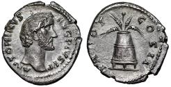 Ancient Coins - Antoninus Pius AR Denarius "Bare Portrait / Modius, Poppy" Mint State