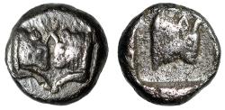 Ancient Coins - Caria, Uncertain AR 1/3 Siglos "Two Confronted Bulls / One Bull Head Right" Rare