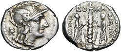 Ancient Coins - TI Minucius CF Augurinus AR Denarius "Two Figures, Spiral Column" Good Very Fine