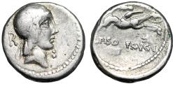 Ancient Coins - C Piso Frugi AR Denarius "Apollo Portrait & Horseman in Full Sprint" Rome 61 BC