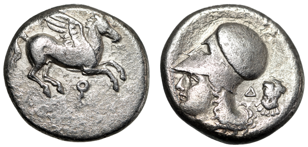 Corinth AR Silver Stater Pegasus & Athena, Cuirass Scarce Variety VF