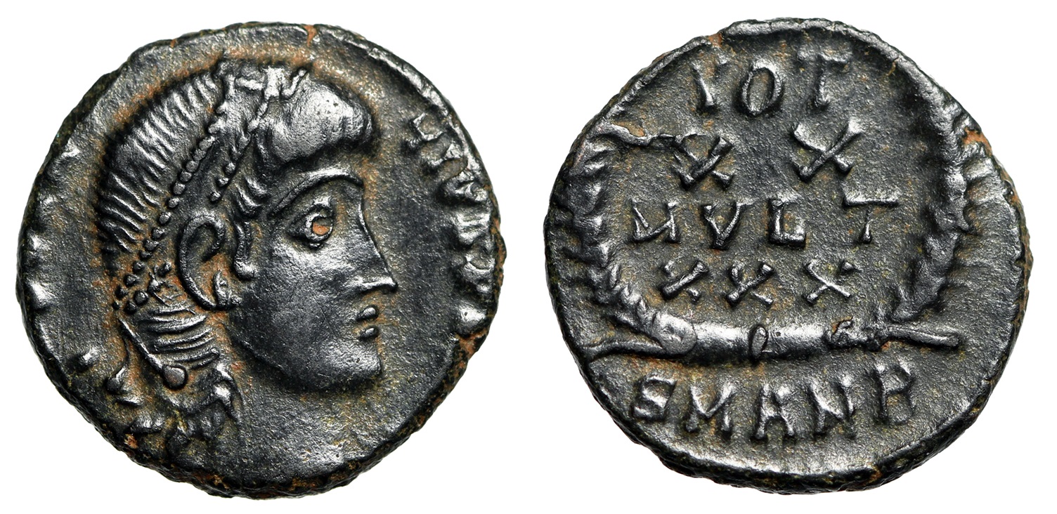 Constantius II AE13 VOT XX MVLT XXX in Wreath Antioch Mint RIC 113 EF