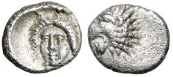 Ancient Coins - Hekatomnos, Satrap Caria AR Tetartemorion "Apollo Facing / Lion" Extremely Fine