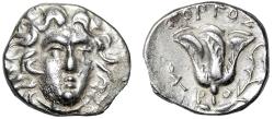Ancient Coins - Caria, Rhodes AR Drachm "Helios Facing / Rose, Torch" Gorgos Good Very Fine