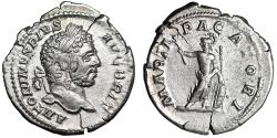 Ancient Coins - Caracalla AR Denarius "MARTI PACATORI Mars, Shield at Side" Very Fine