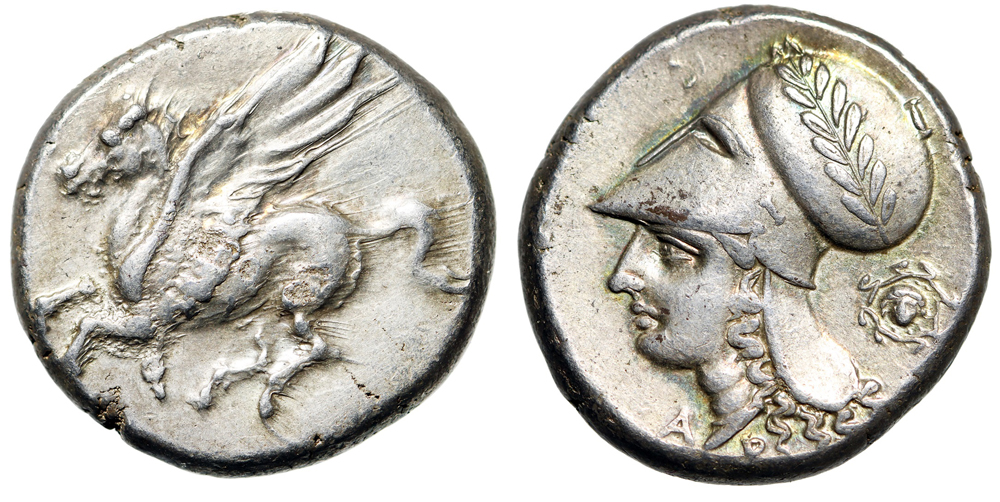 Corinthia, Corinth AR Stater Pegasus Flying & Athena, Gorgon