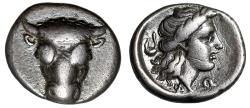 Ancient Coins - Phokis, Phokian League AR Triobol "Bull Facing & Apollo, Lyre" Good Very Fine
