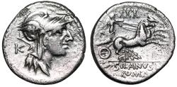 Ancient Coins - D Silanus LF AR Denarius "Roma & Biga" Very Fine