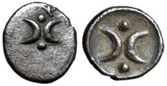 Ancient Coins - Calabria, Tarentum AR Hemiobol "Two Crescents, Two Pellets" Rare Variety