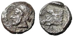 Ancient Coins - Asia Minor, Uncertain AR Tetartemorion "Helmeted Bearded Head & Boar" Very Rare