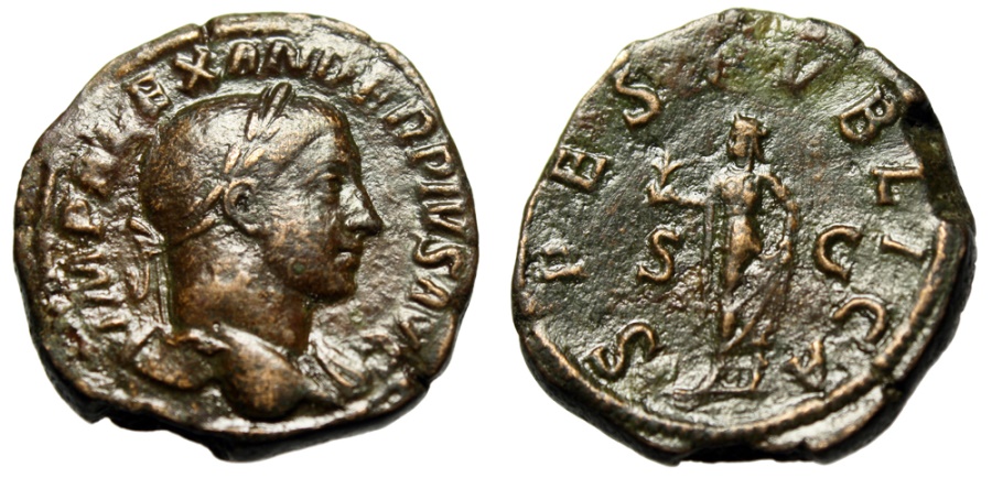 T9708 Severus Alexander Sestertius Rome 232 IMP ALEXANDER PIVS AVG SPES PVBLICA 