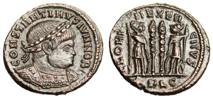 Constantine II Caesar AE3 GLORIA EXERCITVS Two Soldiers Lyons RIC 263 ...