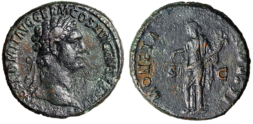 Domitian AE As Moneta Holding Scales Very Fine | Roman Imperial Coins