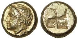 Ancient Coins - Ionia, Phokaia Electrum Hekte "Female, Dolphin / Quadripartite" Extremely Rare