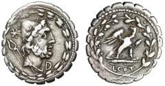 Ancient Coins - Lucius Aurelius Cotta AR Serrate Denarius "Vulcan Portrait & Eagle, Wreath"