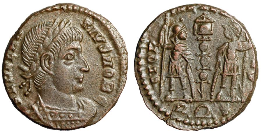 Ancient Coins - Delmatius "GLORIA EXERCITVS Soldiers" Rome RIC 385 Very Rare gVF