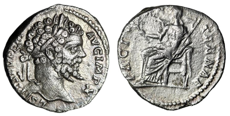 Ancient Coins - Septimius Severus AR Denarius "PACI AETERNAE Eternal Peace, Pax Seated" Good VF