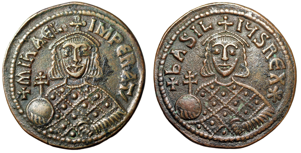 Michael III The Drunkard Basil I AE Follis Portraits Extremely Fine