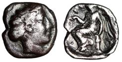 Ancient Coins - Bruttium, Terina AR Triobol "Winged Nike Seated on Cippus" Scarce