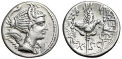 Ancient Coins - C Valerius Flaccus AR Denarius "Winged Victory / Aquila Between Signa" Choice