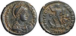 Ancient Coins - Theodosius I AE2 "GLORIA ROMANORVM Emperor on Boat" Nicomedia Very Fine
