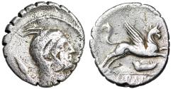 Ancient Coins - L Papius AR Serrate Denarius "Griffin Leaping, Jawbone Control"