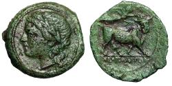 Ancient Coins - Campania, Neapolis AE16 "Man Headed Bull, Nike Crowning" Good Very Fine