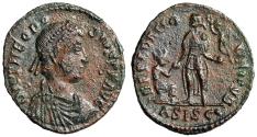 Ancient Coins - Theodosius I AE2 "REPARTIO REIPVB Kneeling Woman" Siscia Good Very Fine