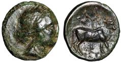 Ancient Coins - Euboea, Histiaia AE17 "Meanad Portrait / Bull, Grape Clusters" Rare