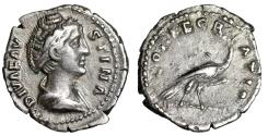 Ancient Coins - Diva Faustina I Senior AR Denarius "Peacock Standing" Rome
