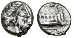 Ancient Coins - Phoenicia, Arados AR Obol "Marine Deity / Galley on Waves" Extremely Fine