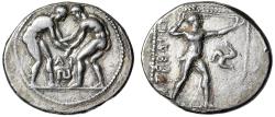 Ancient Coins - Pamphylia, Aspendos AR Stater "Two Wrestlers & Slinger, Triskeles" Rare