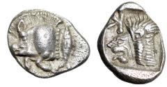 Ancient Coins - Mysia, Kyzikos AR Obol "Forepart Boar / Roaring Lion, Tuna Fish" Extremely Fine