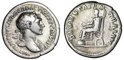 Ancient Coins - Trajan AR Denarius "Divus Trajan Senior (Pater) on Curule Chair" Good Fine