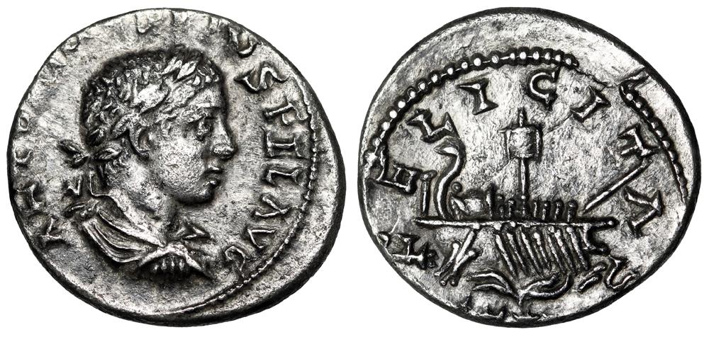 Ancient Coins - Elagabalus AR Denarius "FELICITAS TEMP Ship, Sail & Rowers" Scarce Good VF