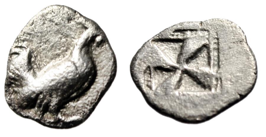 Ancient Coins - Sicily, Himera AR Litra (Or Obol) "Rooster (Cock) & Mill-Sail Incuse" Good VF