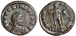 Ancient Coins - Honorius "GLORIA ROMANORVM Holding Globe" Constantinople Very Fine