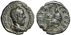 Ancient Coins - Macrinus Limes Denarius "Emperor Seated on Curule Chair" Good Very Fine