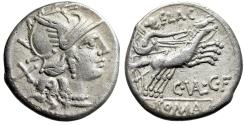 Ancient Coins - C Valerius Flaccus AR Denarius "Roma & Victory in Biga" Good Very Fine