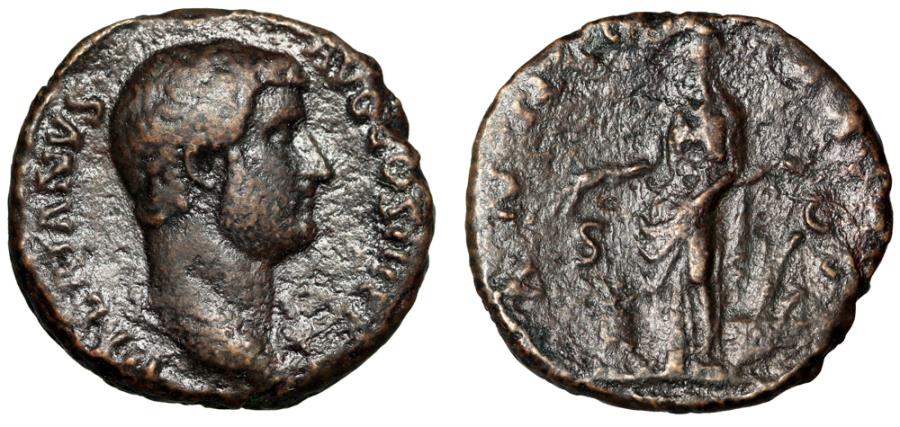 Ancient Coins - Hadrian AE As "Bare Headed Portrait & Annona, Rudder" Rome RIC 2143 Rare