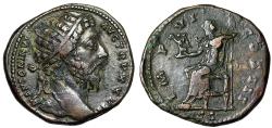 Ancient Coins - Marcus Aurelius Dupondius "Portrait / Jupiter Enthroned" Good Very Fine