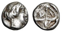 Ancient Coins - Thessaly, Larissa AR Tetartemorion "Nymph & Ethnic in Quadripartite" Very Rare