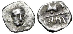 Ancient Coins - Cilicia, Uncertain AR Hemiobol "Herakles Facing & Lion Arrow in Mouth" Very Rare