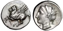 Ancient Coins - Corinthia, Corinth AR Drachm "Pegasus Flying & Aphrodite" Extremely Fine
