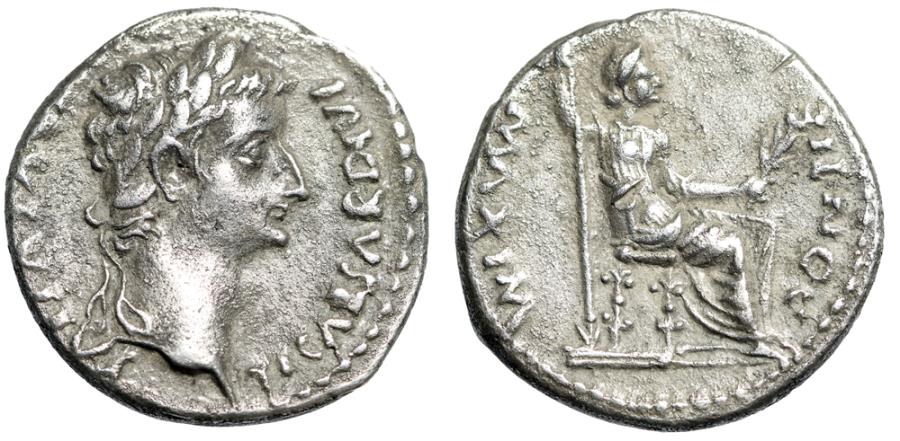 Ancient Coins - Tiberius "Tribute Penny" AR Denarius "Livia, Double Line" RIC 30 Scarce Near EF