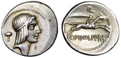 Ancient Coins - C Calpurnius Piso Frugi AR Denarius "Fast Racing Horse, Rider with Palm"