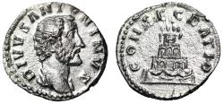 Ancient Coins - Divus Antoninus Pius AR Denarius "Bare Portrait & Tall Funeral Pyre" EF