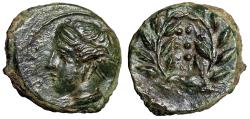 Ancient Coins - Sicily, Himera AE Hemilitron "Nymph & Six Pellets in Wreath" Extremely Fine