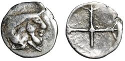 Ancient Coins - Sicily, Gela AR Obol "Man Headed Bull / Spokes Wheel"