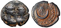Ancient Coins - Caracalla & Geta AE20 of Carrhae, Mesopotamia "Portraits, Crescent & Star" Rare